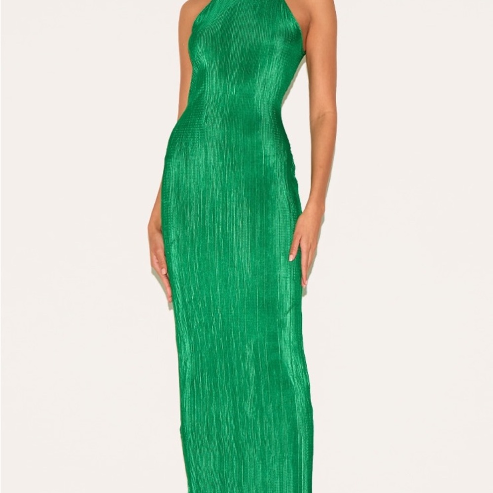 NWT Pretty Little Thing GREEN PLISSE HIGH NECK MIDI DRESS sz 10 (UK sz 14)